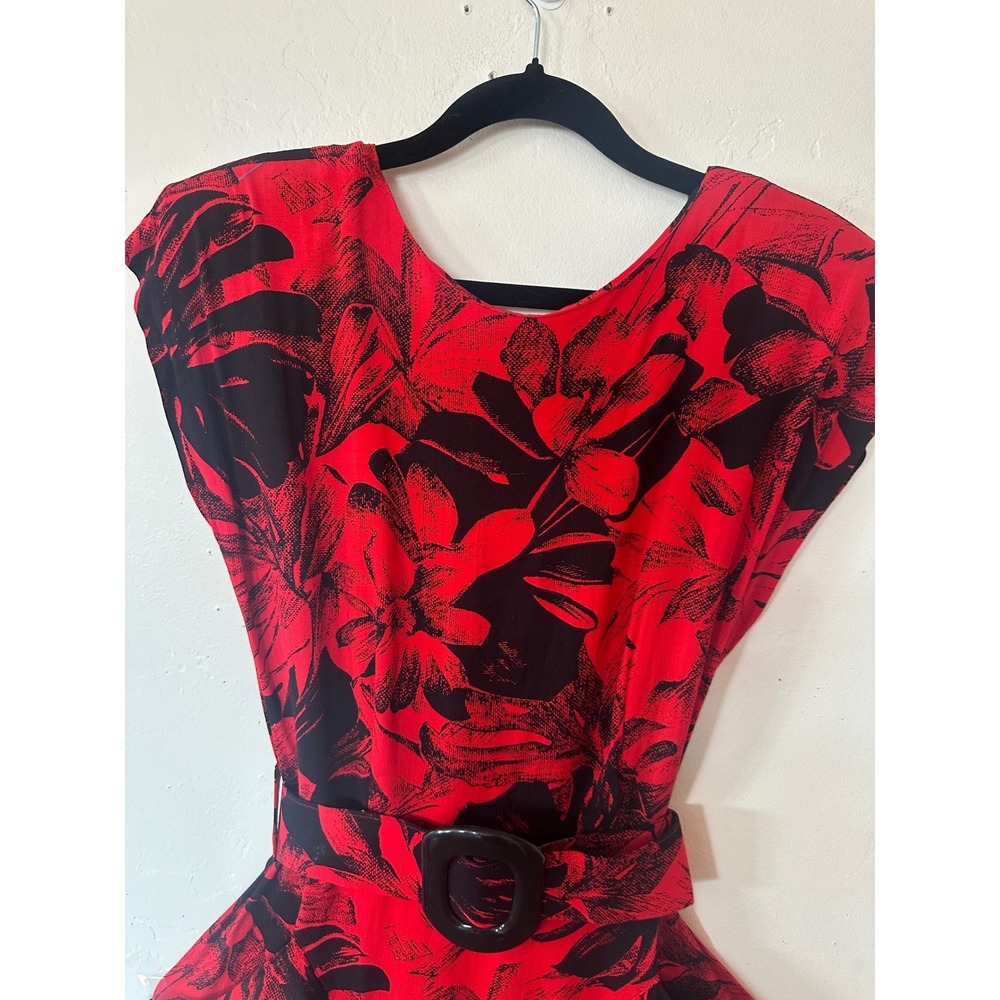 Joni Blair of California Vintage Red Black Floral Belted Midi Dress Size 9 - Picture 5 of 16